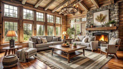 Fototapeta premium Serene Cabin Interior With Neutral-Toned Furniture, Authentic Decor, And Rustic Wood Accents Evokes Cozy Canadian