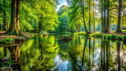 Fototapeta premium Serene forest landscape featuring a tranquil pond's mirrored reflection of lush green trees, surrounded by vibrant