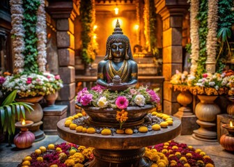 Fototapeta premium Serene Hindu shrine with ornate carvings, featuring a majestic Shiva Lingam, adorned with flowers, surrounded by