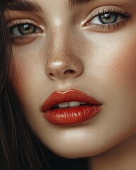 Fototapeta premium The Face Of A Young Beautiful Girl With A Bright Make-Up. Beauty, Art, and Skincare in Stunning Closeup Portrait
