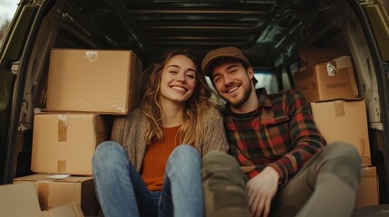 Young couple relaxing in a van filled with cardboard boxes during a sunny day in an urban setting