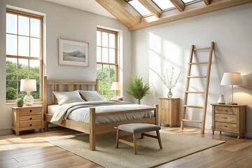 Simple wooden bed frame with clean lines, paired with rustic oak dresser and ladder-back chair, in a serene,