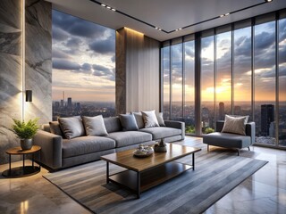 Fototapeta premium Sleek, minimalist living space with plush gray sofa, marble coffee table, and floor-to-ceiling windows framing a