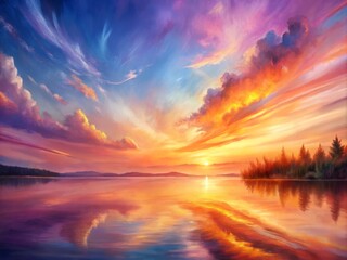 Soft, blended hues of orange, pink, and purple dance across a serene sky, echoing onto tranquil waters in