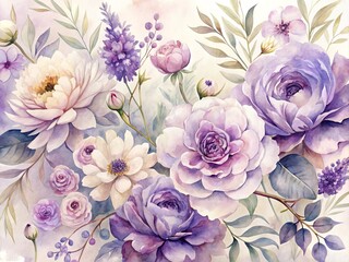 Soft, dreamy watercolor blooms in shades of lavender and violet unfold against a creamy white background, evoking a