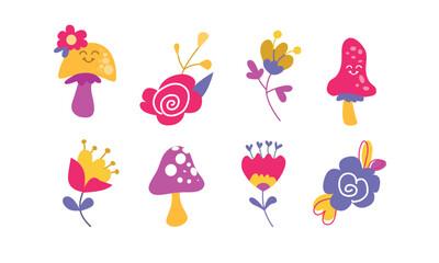 Vector set of different cute mushrooms and flowers with smiling faces.