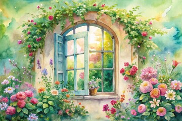 Soft, dreamy watercolor depiction of a whimsical window with intricate details, surrounded by lush greenery and vibrant