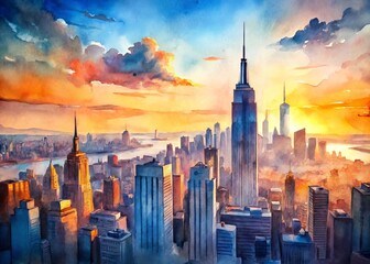 Naklejka premium Soft, dreamy watercolor depiction of the iconic New York City skyline at sunset, with vibrant oranges and blues