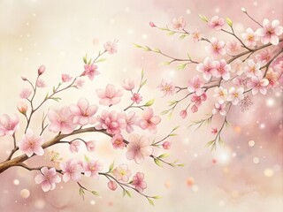 Fototapeta premium Soft, dreamy watercolor illustration of delicate pink cherry blossom branches swaying gently in the breeze, set against