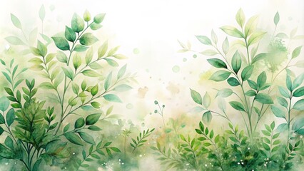 Soft, dreamy watercolor illustration of lush green bushes with delicate leaves and stems, set against a subtle, creamy