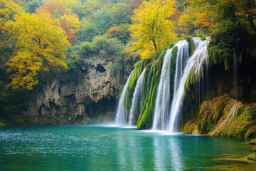 Fototapeta premium Waterfalls Water Drops. Krushuna Waterfalls in Bulgaria, Vibrant Colors of Nature