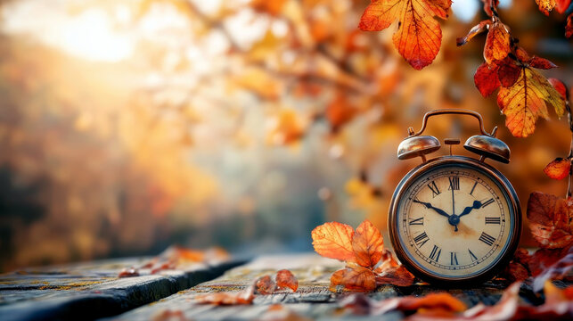 Retro clock surrounded by autumn leaves on a wooden table. Horizontal banner. Free space for text. Clock and yellow foliage. Daylight saving time, winter time changeover