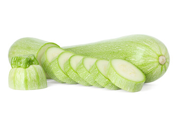 Fresh whole and cut zucchinis isolated on white