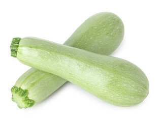 Two fresh ripe zucchinis isolated on white, above view