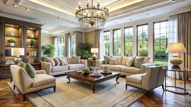Sophisticated Interior Design Of An Airy Living Room With Ample Natural Light And Elegant Furnishings