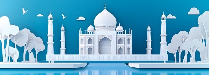 4. **Render a 3D paper cut of the Taj Mahal with its domes and reflecting pool, leaving space around it for text.**