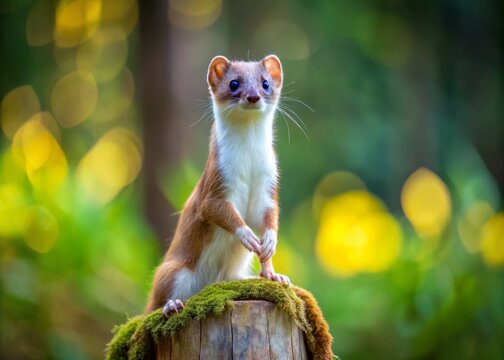 Stoat Standing On Hind Legs On Tree Stump In Evergreen Forest, With Blurred Bokeh Background