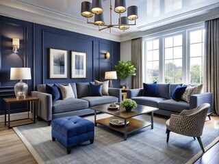 Stylish And Contemporary Living Room With Navy Blue Accents, Modern Furniture, And Clean Lines Creating A Sophisticated