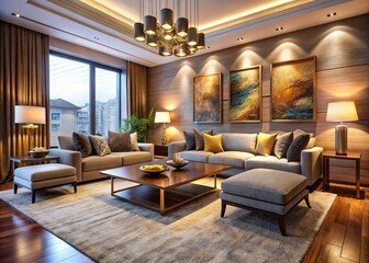 Fototapeta premium Stylish Living Room With Comfortable Furniture, Modern Art, And Warm Lighting Creates A Sophisticated And Inviting