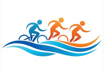 Obraz premium Stylized emblem featuring a swoosh design element with integrated swim, bike, and run icons, symbolizing speed,
