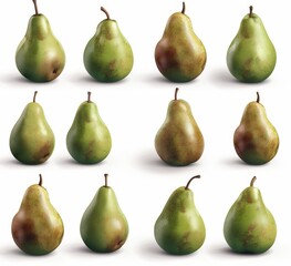 Pears in multiple poses and angles, in the realistic photography style, on a white isolated background