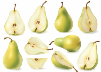 Pears in multiple poses and angles, in the realistic photography style, on a white isolated background