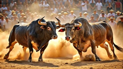 Two Large Bulls With Lowered Heads Charge Towards Each Other In A Dusty Arena Surrounded By A Cheering