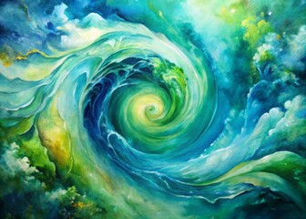 Vibrant abstract artwork combining watercolor softness with oil painting textures, featuring swirling blues and greens,