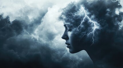 Mental Health Disorders. Anxiety and Depression Concept with Storm Clouds and Lightning Strikes Symbolizing Inner Turmoil