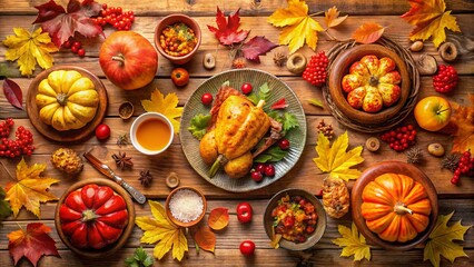 Fototapeta premium Vibrant autumn leaves in shades of orange, yellow, and red surround a rustic wooden table setting with traditional