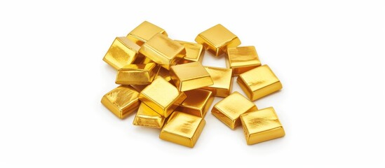 Pile of gold bars isolated on a white background. Golden ingots in the shape of square bars