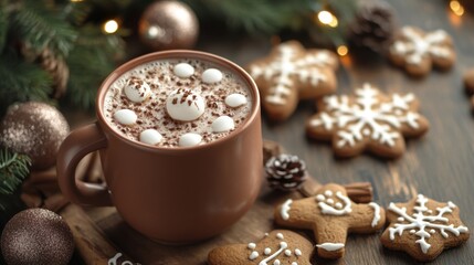 Fototapeta premium holiday baking theme, rustic table adorned with christmas decorations, showcasing delicious gingerbread cookies and hot cocoa for a cozy holiday vibe in a banner design