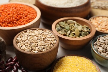 Different types of legumes, seeds and cereals in bowls on white table, closeup