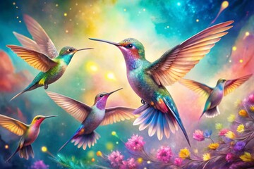 Vibrant hummingbirds flit across delicate, dreamy watercolor backgrounds, their iridescent feathers shimmering in soft,