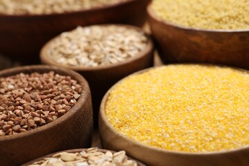 Different types of cereals in bowls on table, closeup