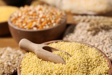 Different types of cereals on wooden table, closeup