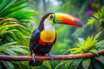 Obraz premium Vibrant toucan perches on a lush green branch, showcasing its brightly colored plumage, large beak, and inquisitive