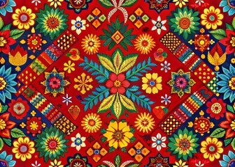Vibrant traditional Mexican textile pattern featuring intricate geometric shapes, colorful florals, and abstract motifs