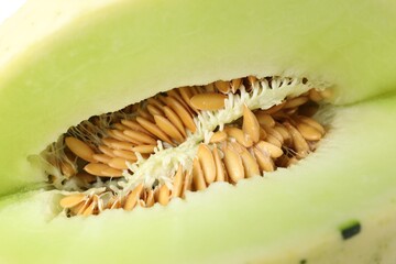 Cut fresh ripe honeydew melon as background, closeup