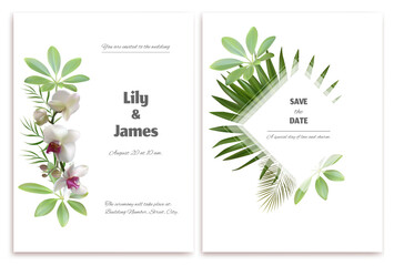 White orchids. Green palm leaves. Tropical flowers. Wedding invitation. Beautiful floral pattern on a white background. Postcard.