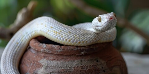 Fototapeta premium Close up shot of Albino Korean Rat Snake Elaphe schrenckii next to clay pot