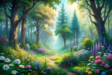 Obraz premium Vibrant watercolor depiction of a whimsical forest scene with lush greenery, delicate wildflowers, and subtle mist,