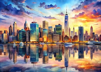 Vibrant watercolor depiction of iconic New York City skyline at dusk, featuring majestic skyscrapers, bustling streets,
