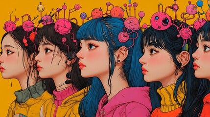 Naklejka premium Four Women with Colorful Hair and Unique Headpieces.