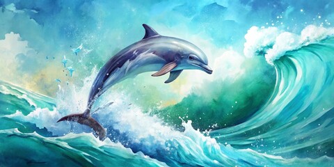 Fototapeta premium Vibrant watercolor illustration of a leaping dolphin, surrounded by soft turquoise waves and splashes, set against a