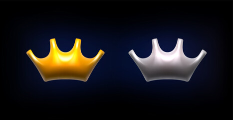 Isolated 3d gold and silver crowns on the dark background. Award symbol. Premium  object