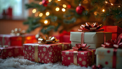 Christmas Gifts with Decorated Tree in Background