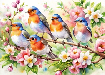 Obraz premium Vibrant watercolor illustration of colorful songbirds perched on delicate branches, surrounded by soft, blended blooms,