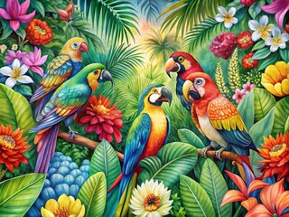 Fototapeta premium Vibrant watercolor illustration of exotic tropical birds, flowers, and foliage intertwined in a whimsical jungle scene,