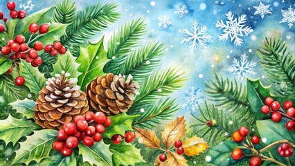 Vibrant watercolor illustration of festive holiday scene featuring snowflakes, pinecones, and holly leaves in soft,